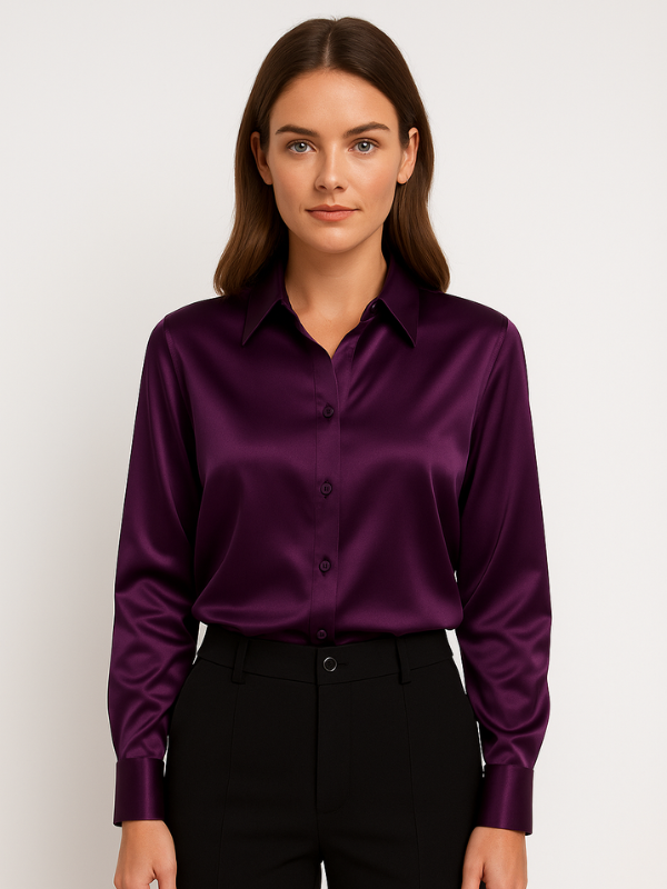 Damen Bluse Satin Knopfverschluss Elegant 4
