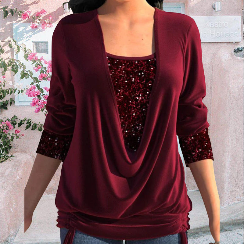 Damen Bluse mit Gedrapeierter Halslinie und Pailletten-Details 1