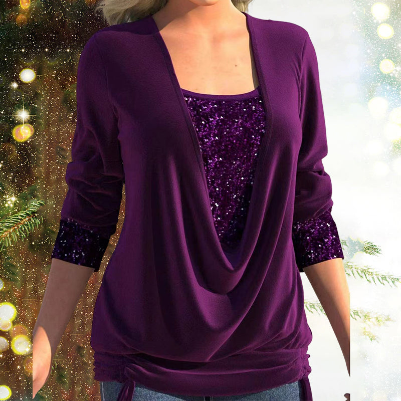 Damen Bluse mit Gedrapeierter Halslinie und Pailletten-Details 3