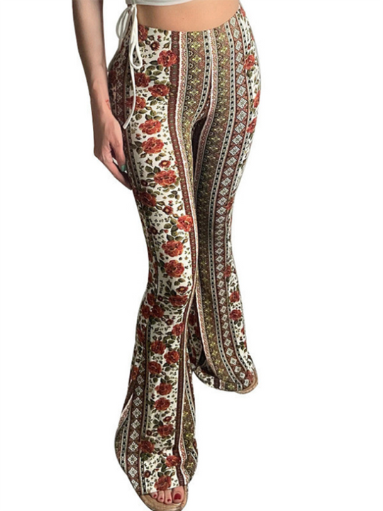 Damen Boho Druck Skinny Hosen mit Flared Beinen 14