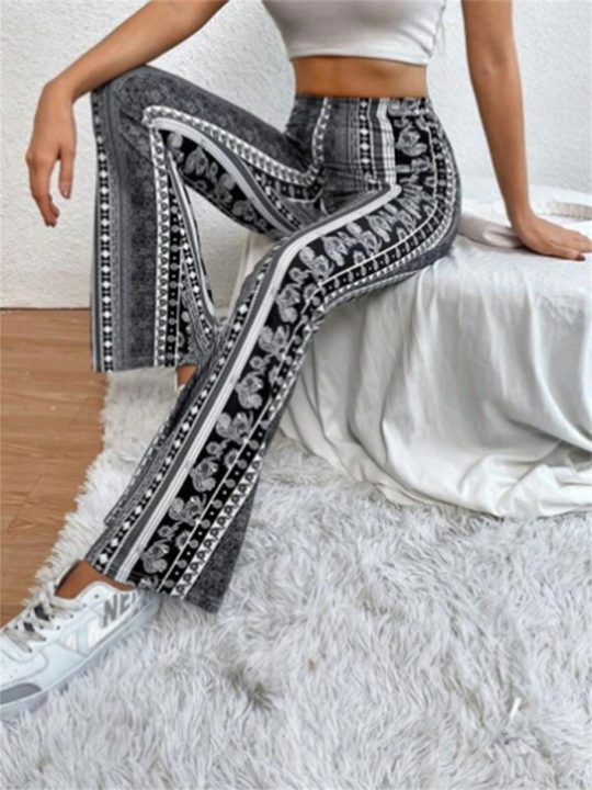Damen Boho Druck Skinny Hosen mit Flared Beinen 4