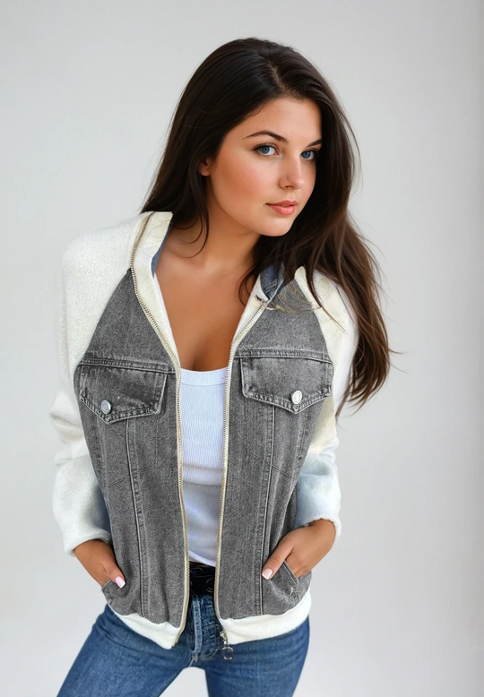 Damen Bomberjacke Klassisch Denim mit Strickärmeln 3