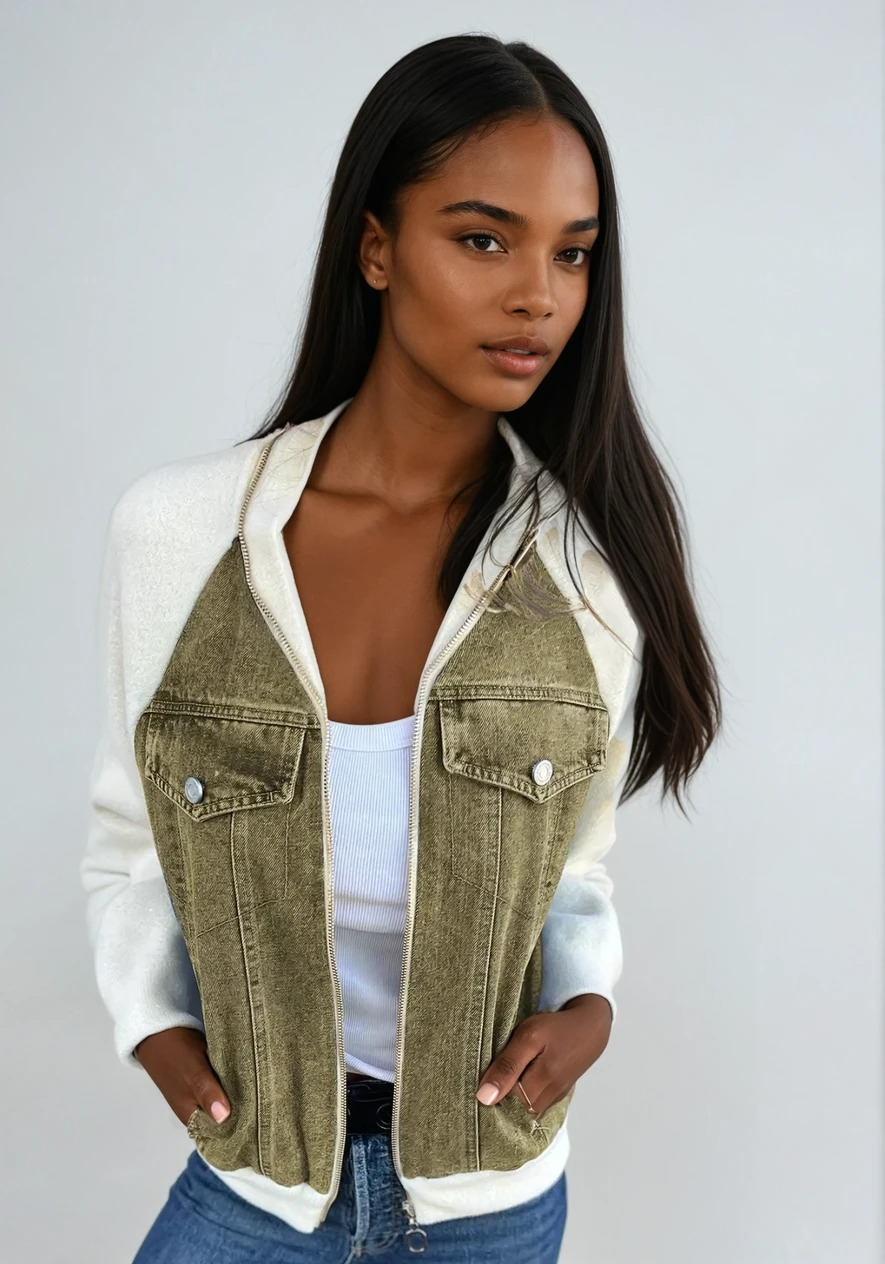 Damen Bomberjacke Klassisch Denim mit Strickärmeln 4