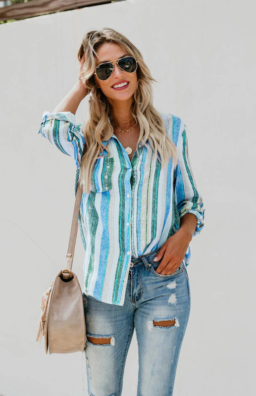 Damen Button-Up Oberteil Gestreift Leinen Mischung 2