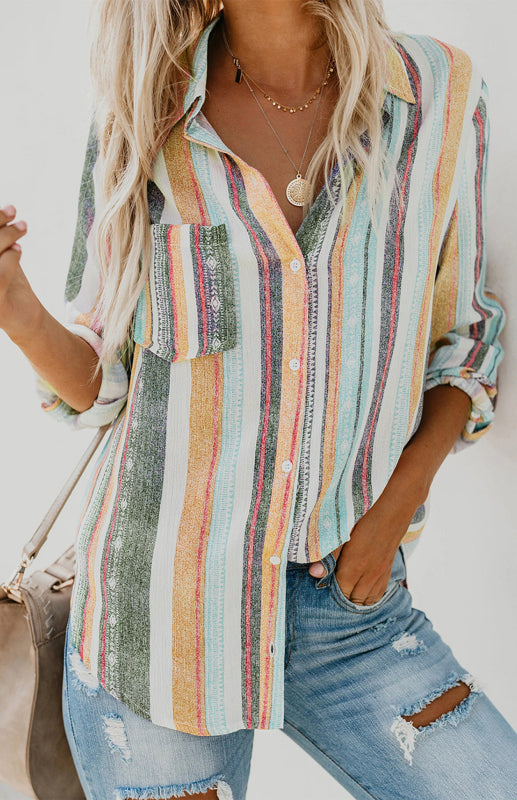 Damen Button-Up Oberteil Gestreift Leinen Mischung 4