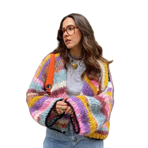 Damen Cardigan mit Regenbogenstreifen und Karomuster 1