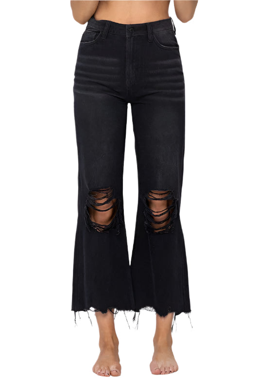 Damen Crop Flare Jeans Vintage 90er Schwarz 0