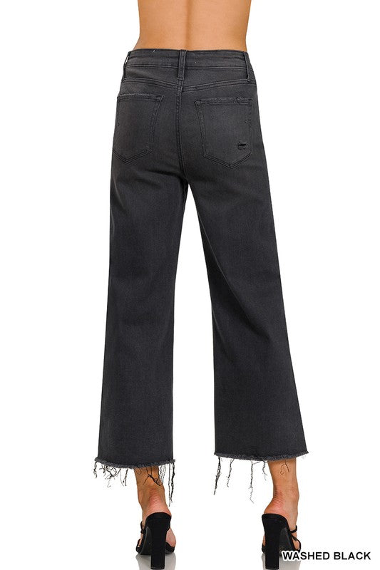 Damen Cropped Jeans Hohe Taille Denim Schwarz 2