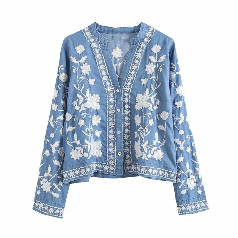 Damen Denim Bluse Boho Stil 0