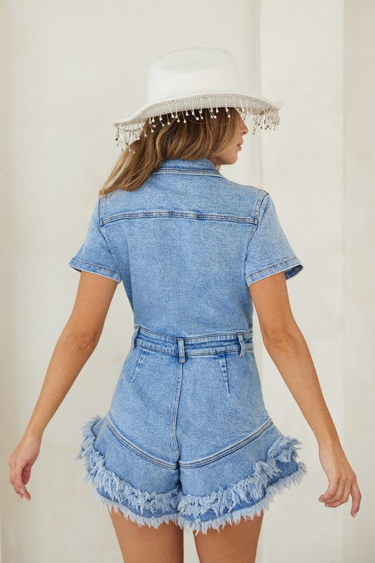 Damen Denim Overall mit Knopfleiste und Fransen 3