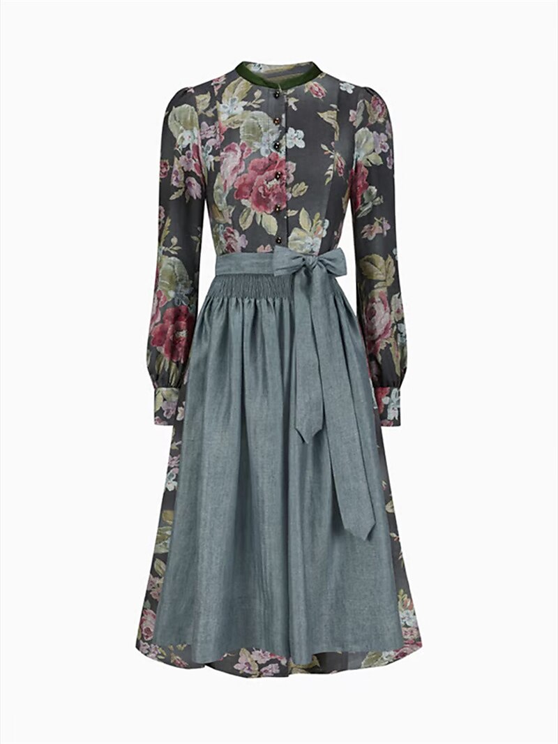 Damen Dirndlkleid Lang Vintage Blumenmuster mit Schürze aus Hochwertigem Stoff 4