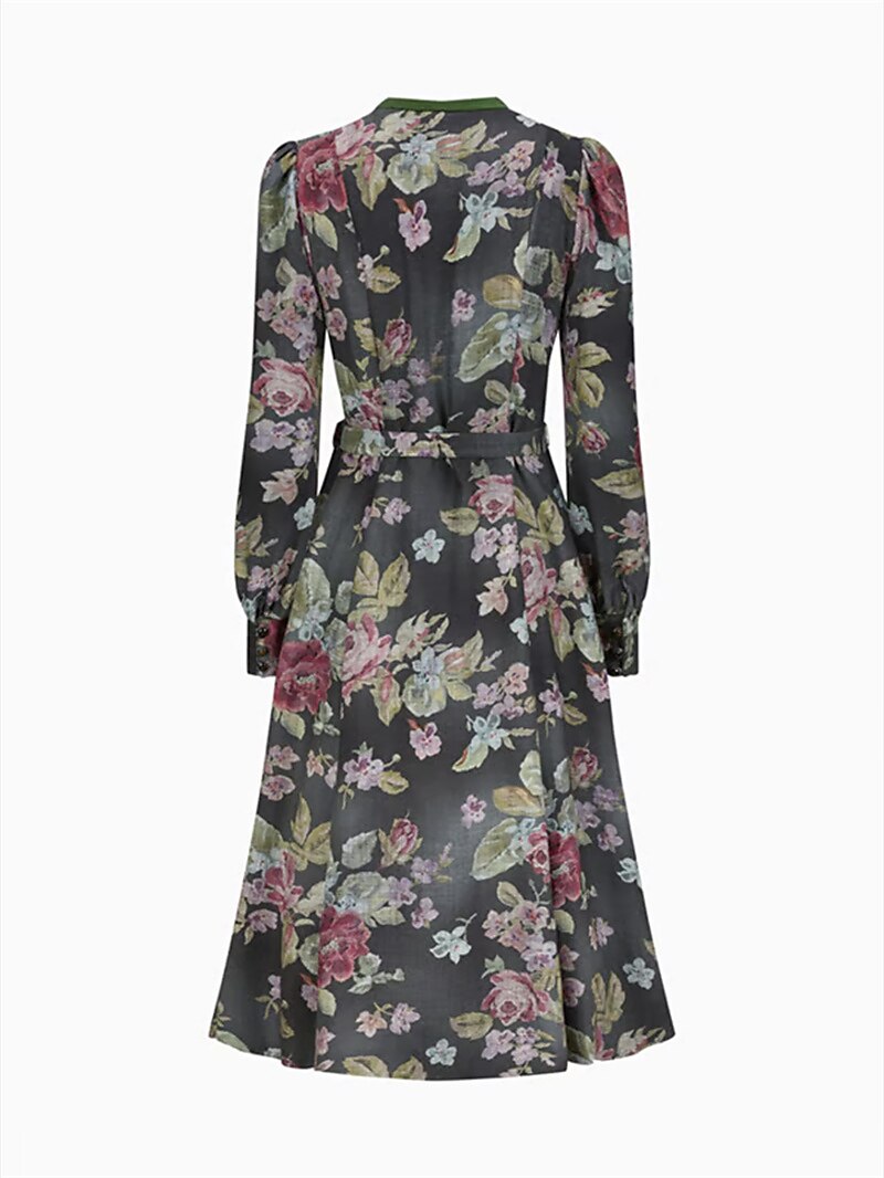 Damen Dirndlkleid Lang Vintage Blumenmuster mit Schürze aus Hochwertigem Stoff 6