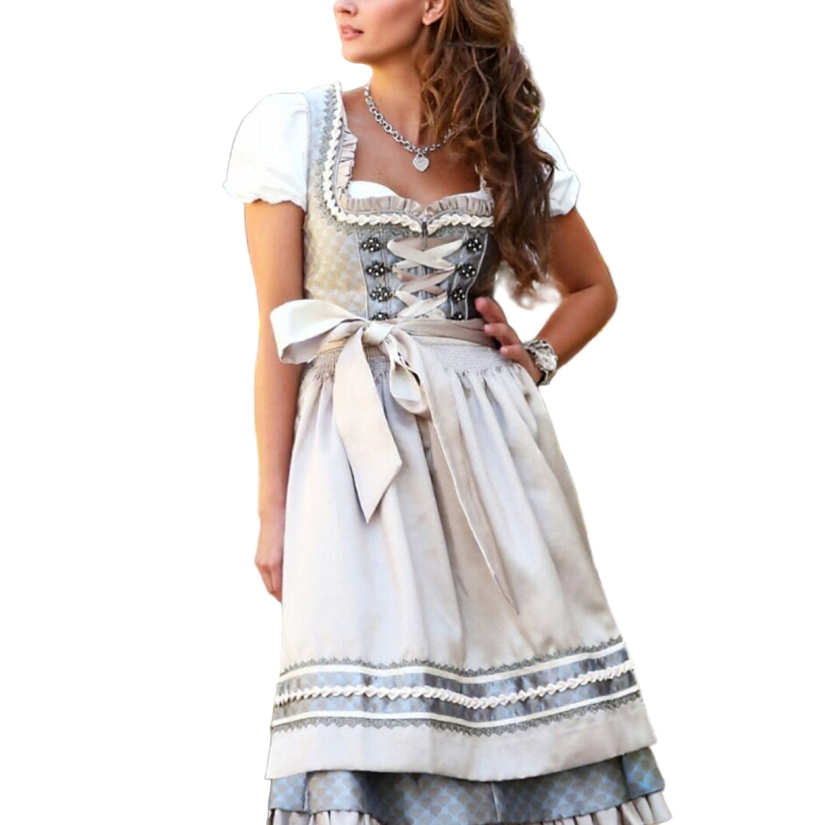 Damen Dirndlkleid Trachtenkleid Apricot mit Schürze 0