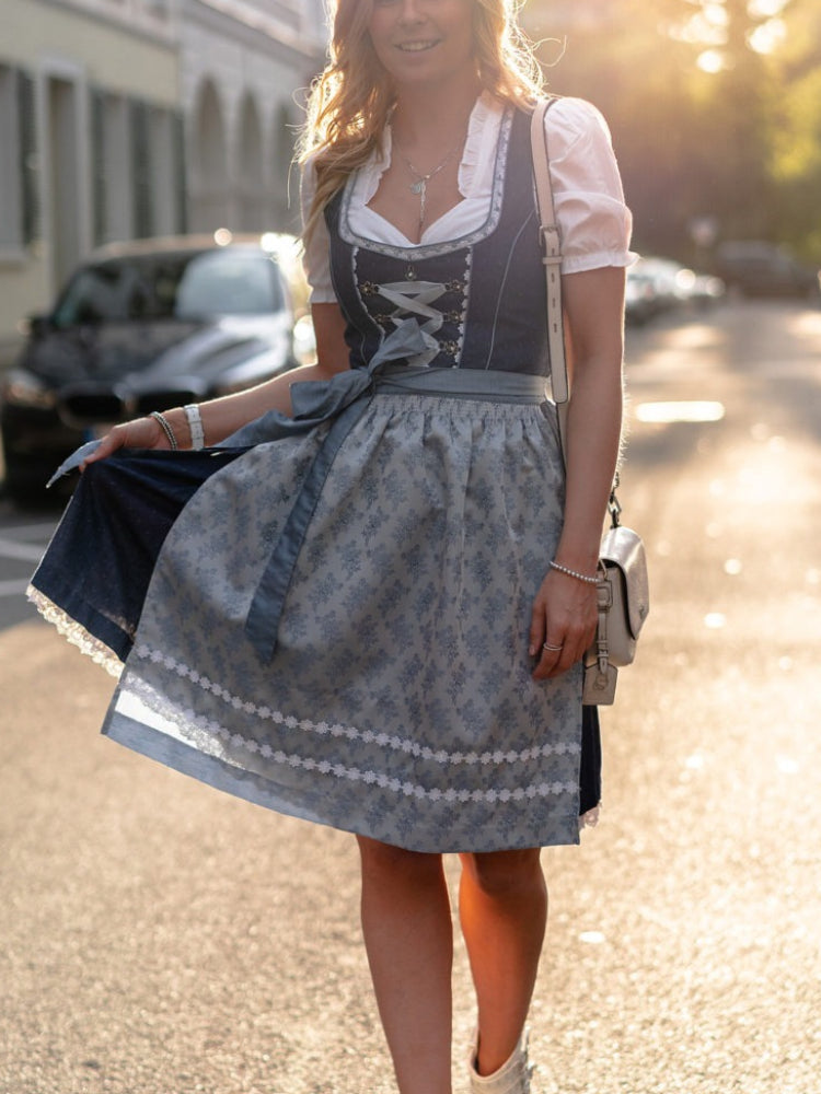 Damen Dirndlkleid Trachtenkleid Klassisch Baumwolle mit Schürze für Oktoberfest und Feste 1