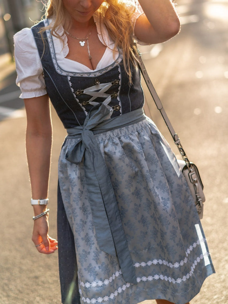 Damen Dirndlkleid Trachtenkleid Klassisch Baumwolle mit Schürze für Oktoberfest und Feste 2