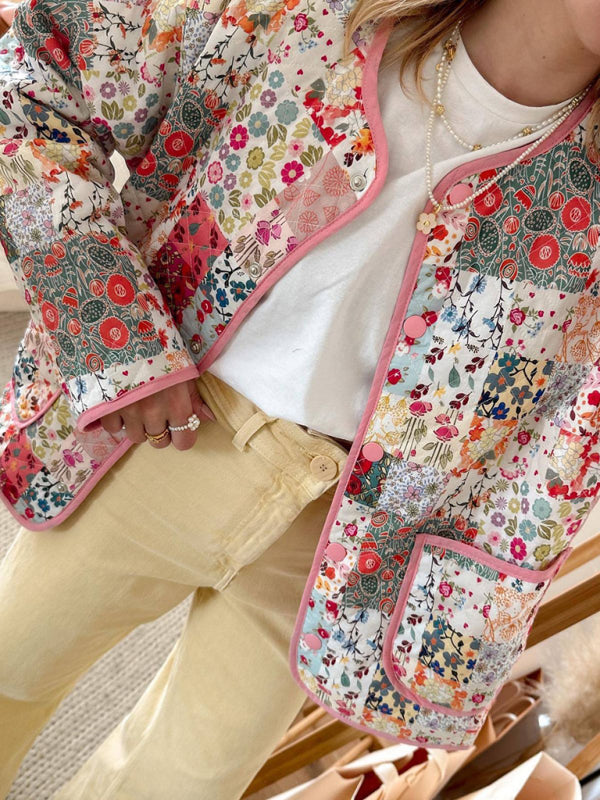 Damen Dünner Steppmantel Rundhalsausschnitt Floral Polyester 2