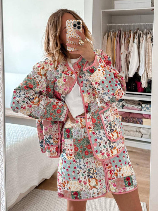 Damen Dünner Steppmantel Rundhalsausschnitt Floral Polyester 3