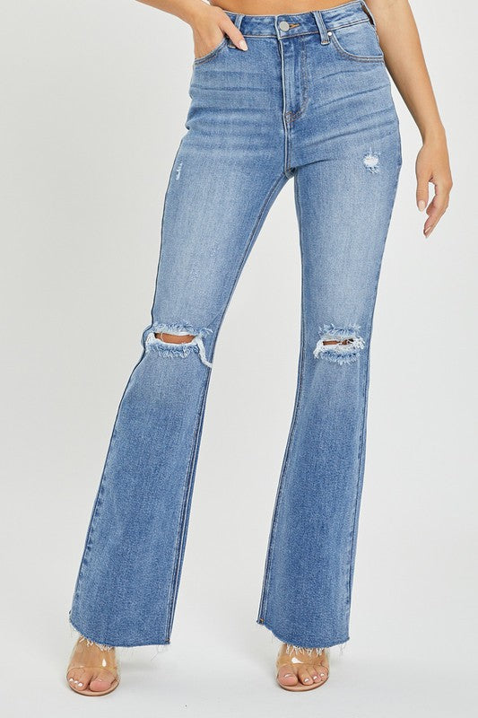 Damen Flared Jeans mit hoher Taille und Distressed-Details 1