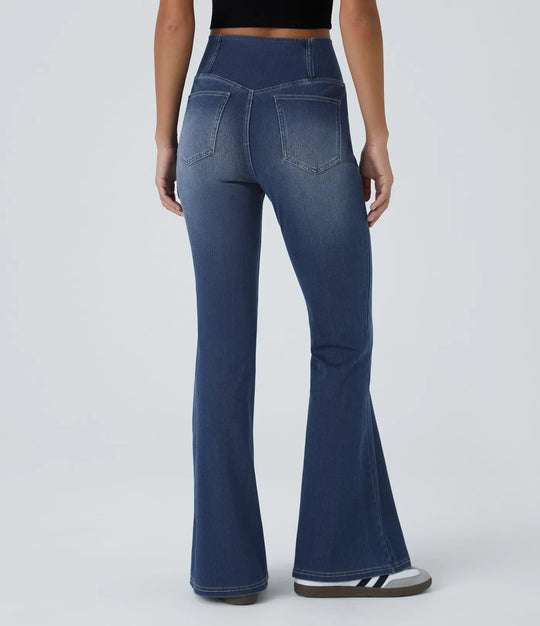 Damen Flared Pants Hochgeschnitten Elastisch Stoffhose 5
