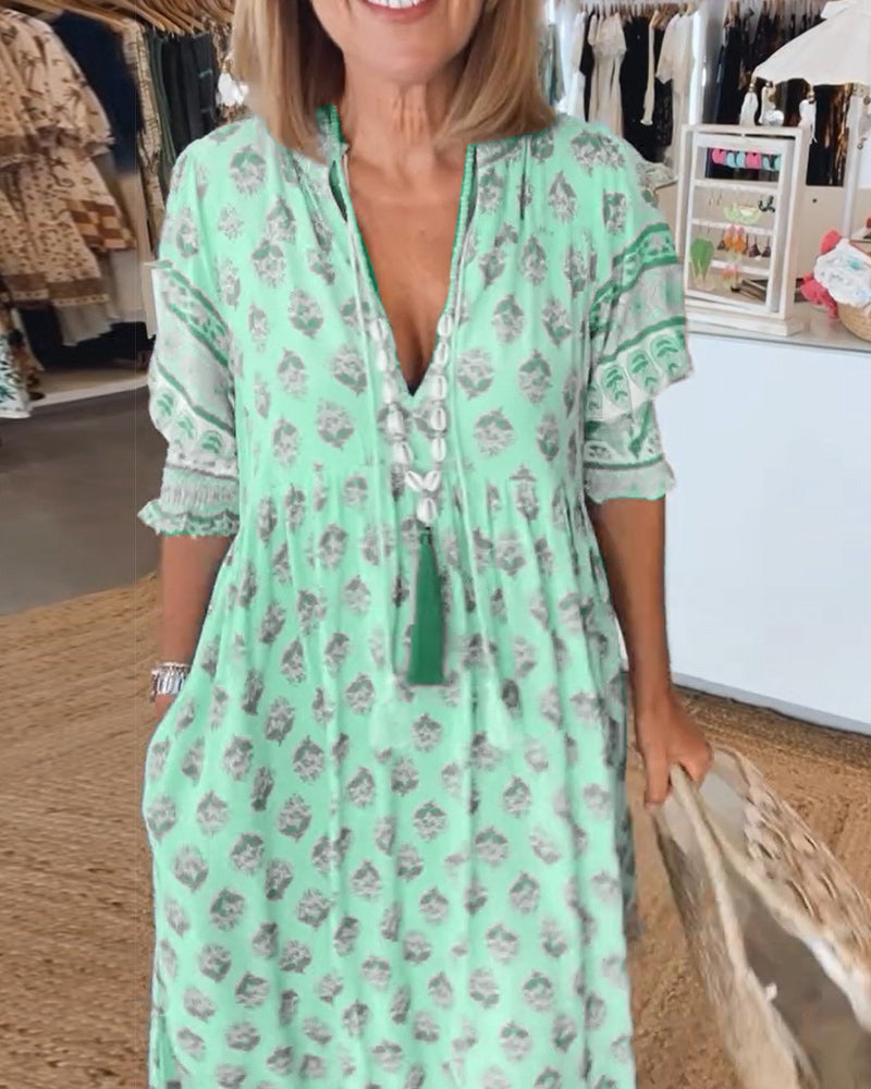 Damen Halbarm Kleid V-Ausschnitt Bedruckt aus Hochwertigem Stoff für Sommer und Freizeit 6
