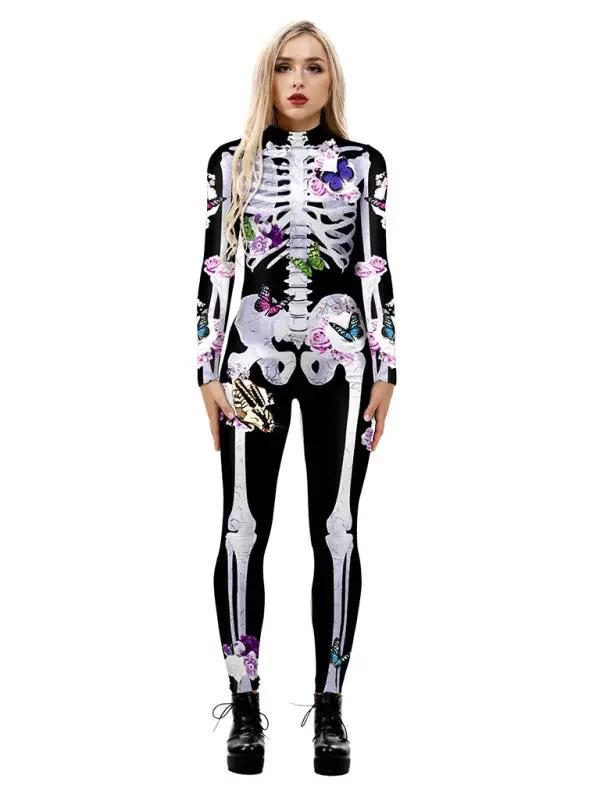 Damen Halloween Kostüm Geblümter Skelettdruck 0