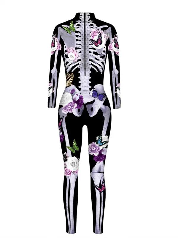 Damen Halloween Kostüm Geblümter Skelettdruck 1