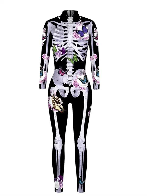 Damen Halloween Kostüm Geblümter Skelettdruck 3