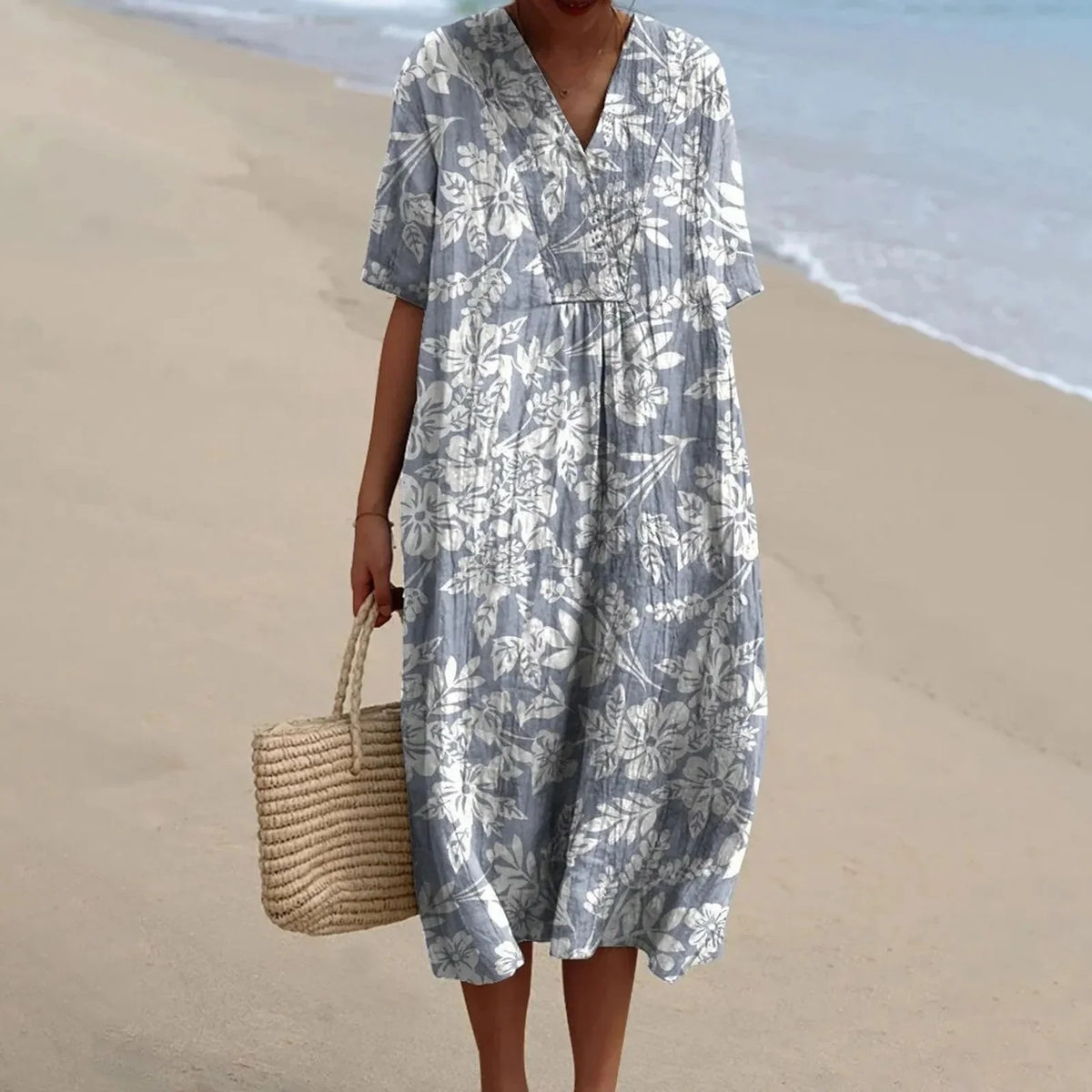 Damen Hemdkleid Kurzarm Blumenmuster mit Taschen aus Hochwertigem Stoff 15