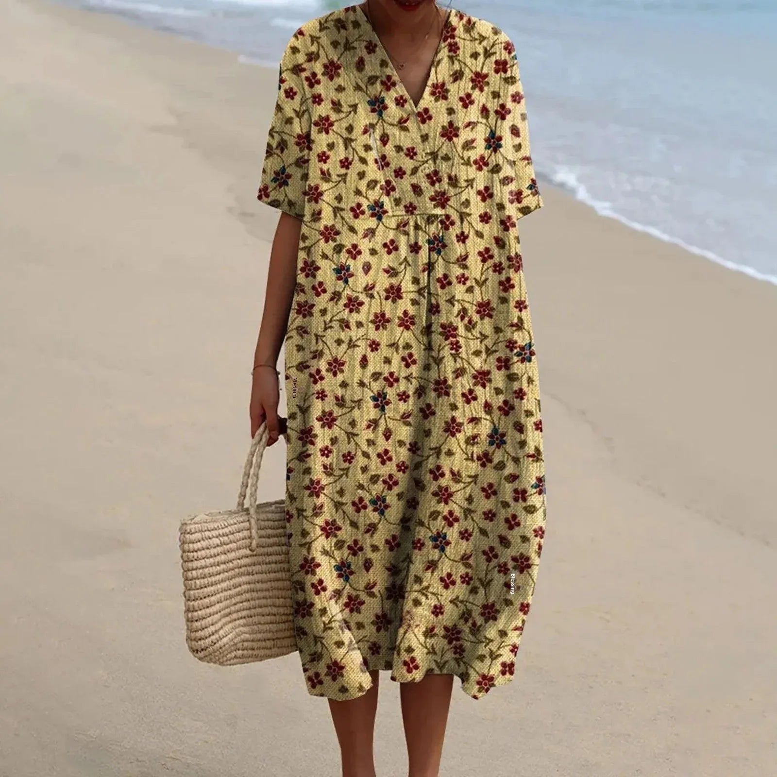 Damen Hemdkleid Kurzarm Blumenmuster mit Taschen aus Hochwertigem Stoff 19