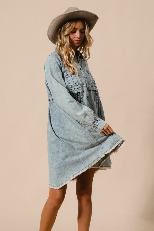 Damen Hemdkleid mit Knöpfen aus gewaschenem Denim 3