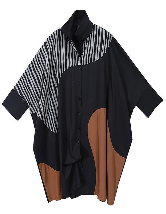 Damen Hemdkleid mit langen Fledermausärmeln im Patchwork-Stil 0