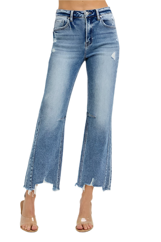 Damen Hoch geschnittene Crop Jeans mit geradem Schnitt und ausgefranstem Saum 0