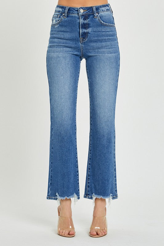 Damen Hochbundige Ankle Jeans Entspanntes Fit Dunkel 1