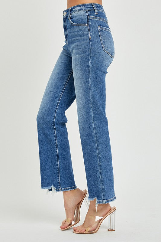 Damen Hochbundige Ankle Jeans Entspanntes Fit Dunkel 3