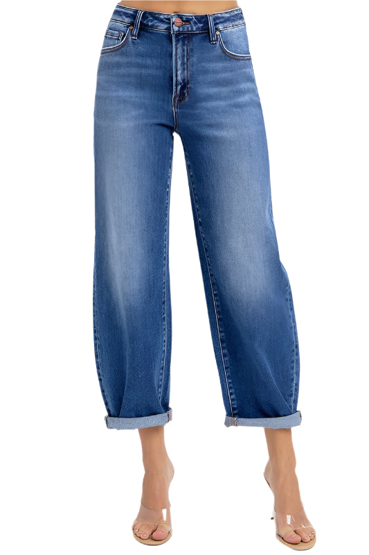 Damen Hochgeschnittene Crop Jeans Mittelblau 0