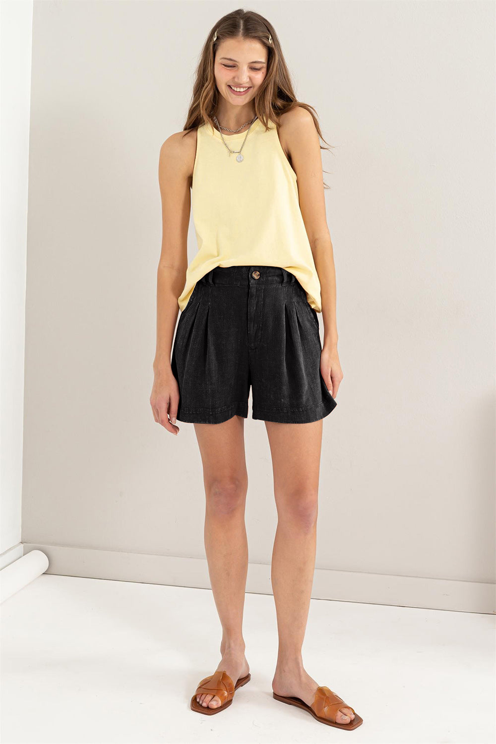 Damen Hochtaillierte Shorts aus Leinen mit Falten für Sommer 3