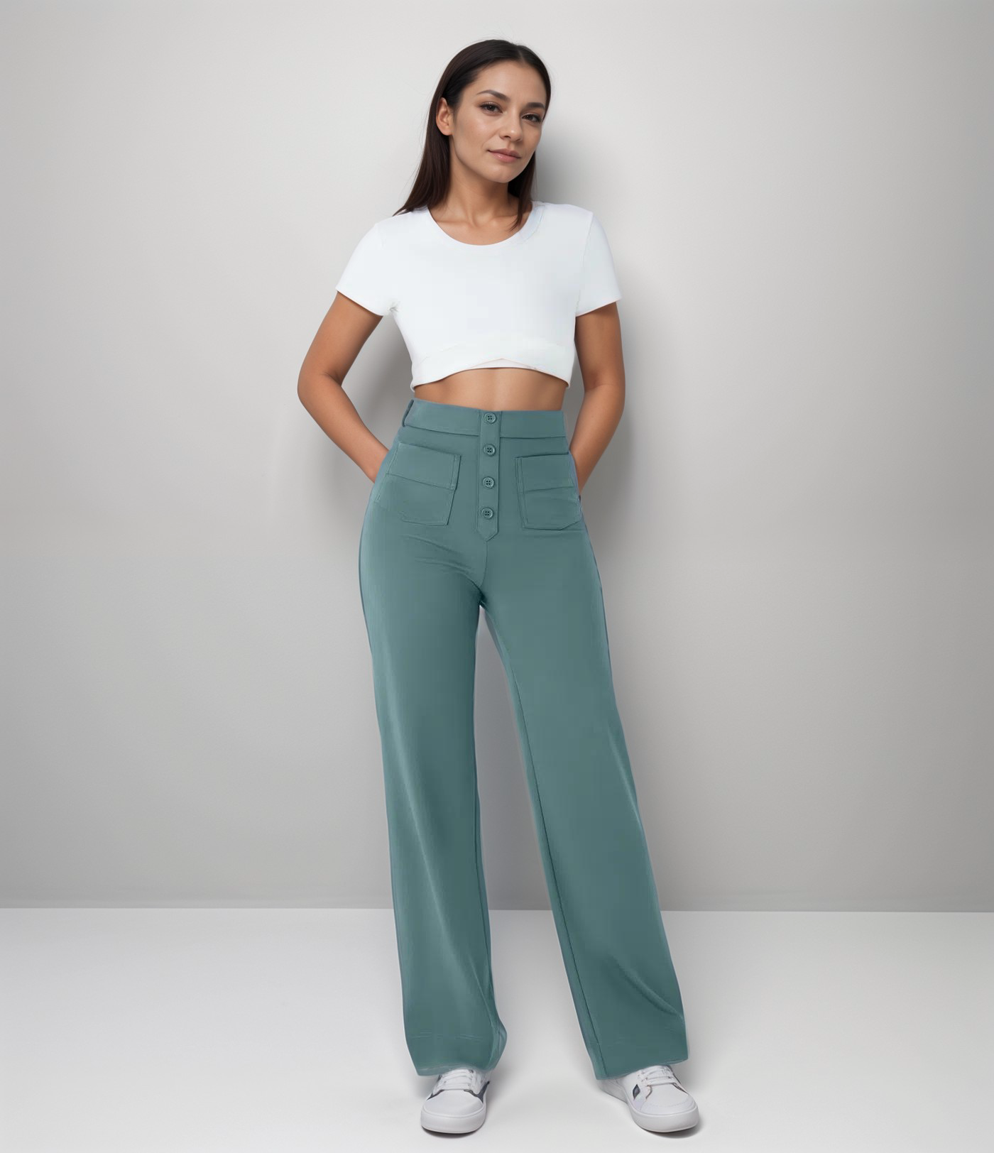 Damen Hochtaillierte Weite Hosen Stretchmaterial 6