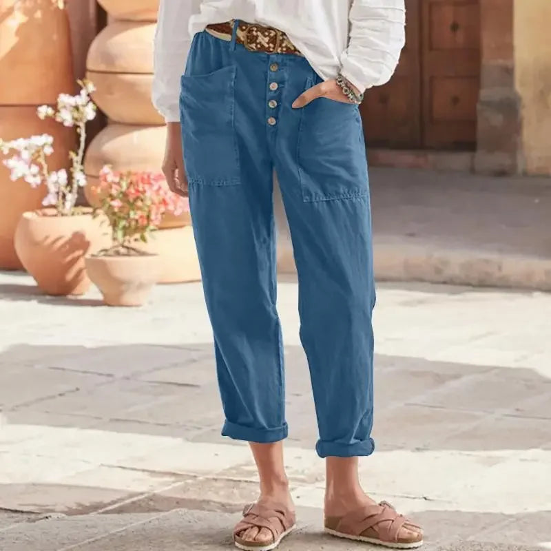 Damen Hose Oversize Baumwolle Leinen mit Taschen für Sommer 2