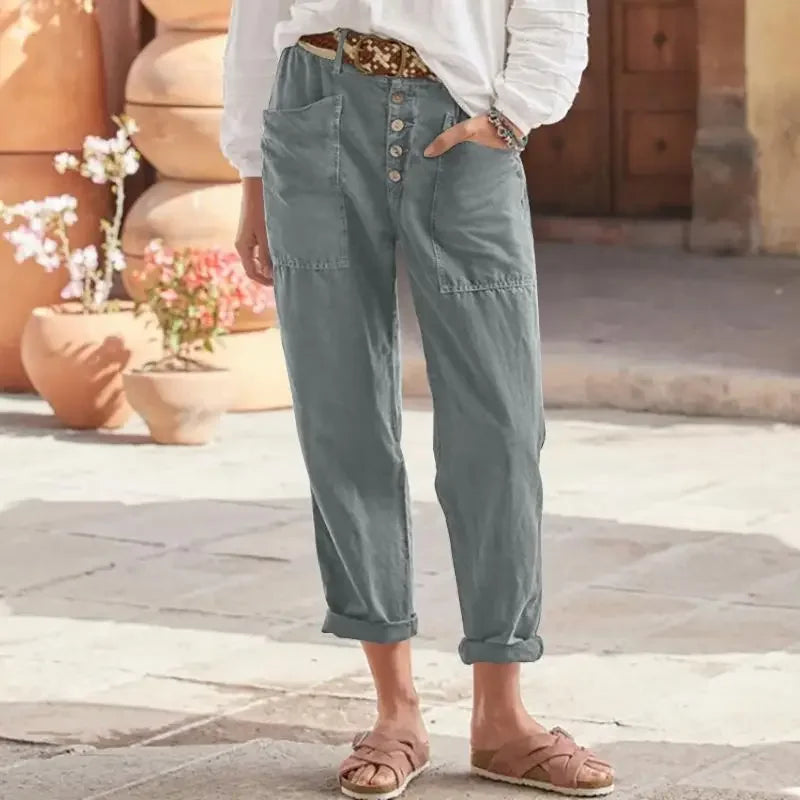 Damen Hose Oversize Baumwolle Leinen mit Taschen für Sommer 4