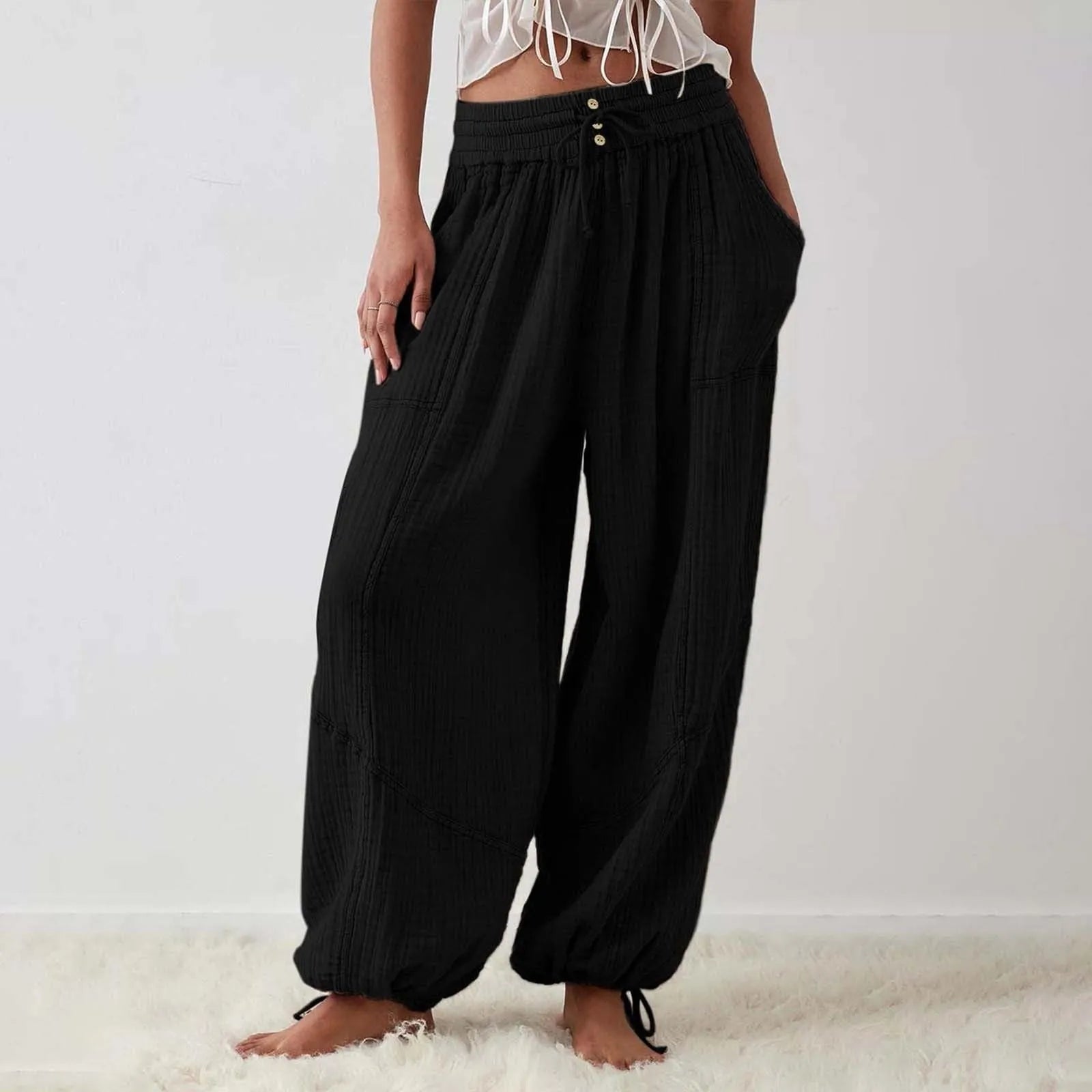 Damen Hose Weit Mit Kordelzug Aus Leichtem Material 12