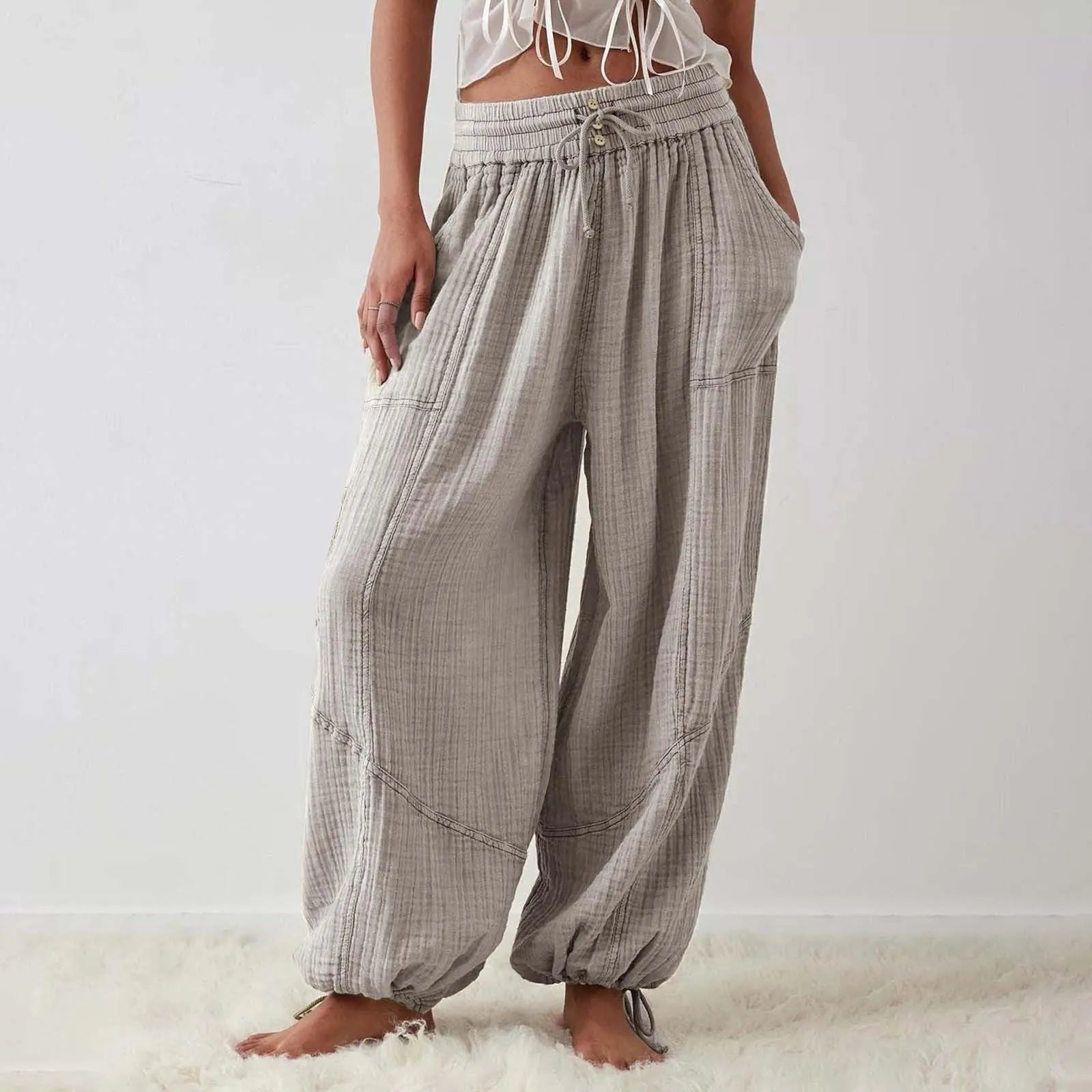 Damen Hose Weit Mit Kordelzug Aus Leichtem Material 9