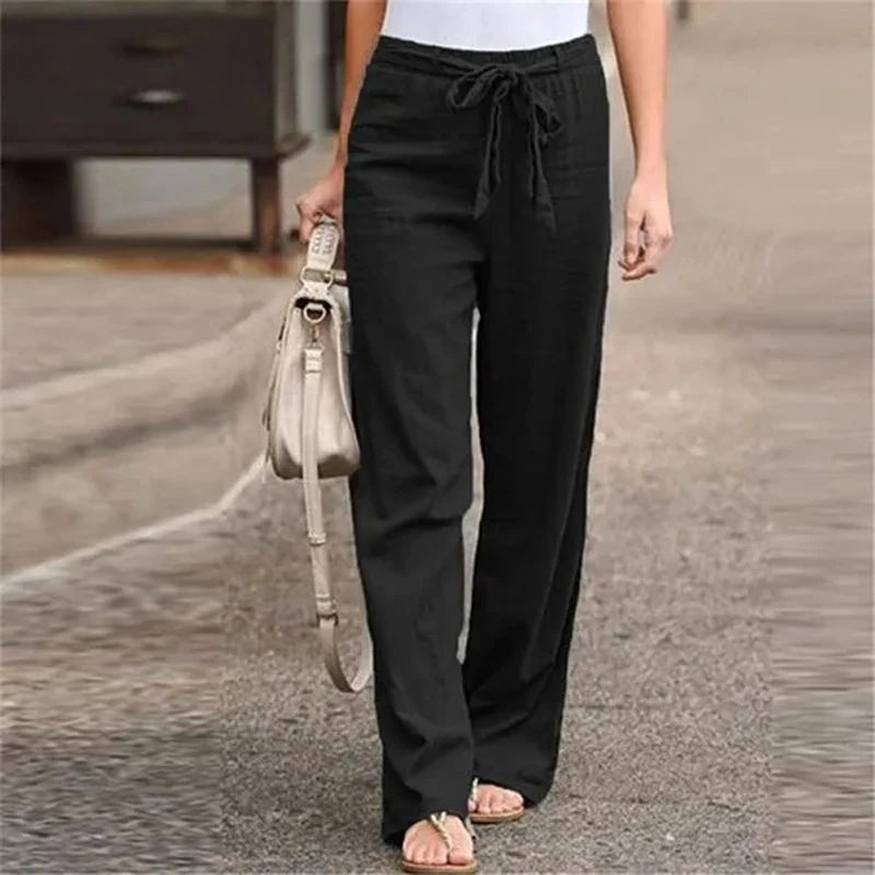 Damen Hosen Baumwoll-Leinen Schnitt Locker Gerade Sommermode 4