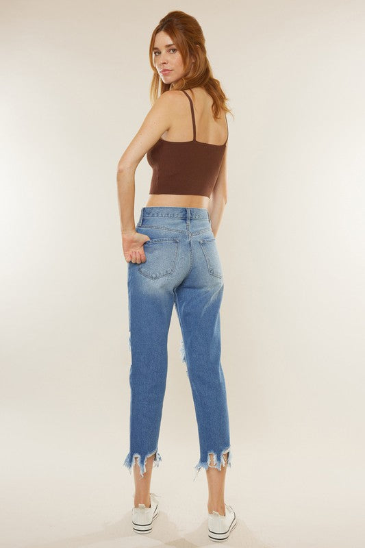Damen Jeans Mom Fit Hohe Taille Robustes Denim Dunkel 2