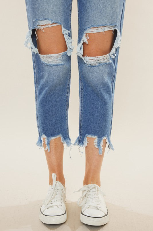 Damen Jeans Mom Fit Hohe Taille Robustes Denim Dunkel 4