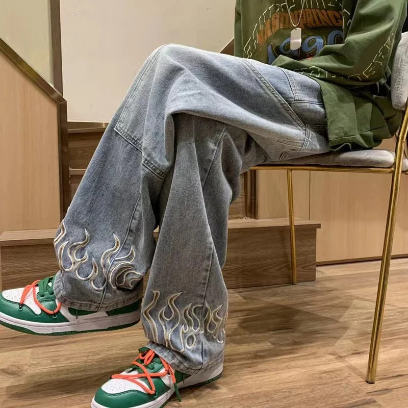 Damen Jeans mit einzigartigem Flammenmuster aus Baumwolle 0
