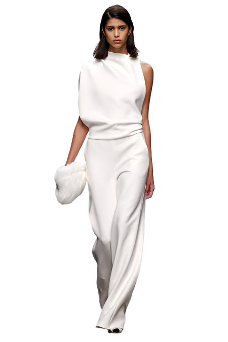 Damen Jumpsuit Asymmetrisch Hoher Kragen Festlich Tailliert Dehnbar 0