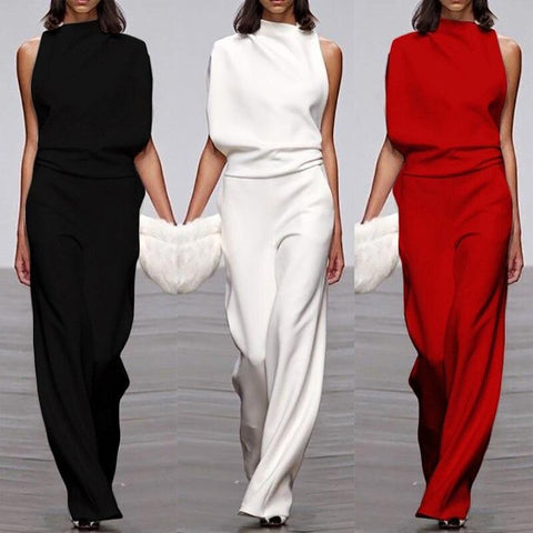 Damen Jumpsuit Asymmetrisch Hoher Kragen Festlich Tailliert Dehnbar 4