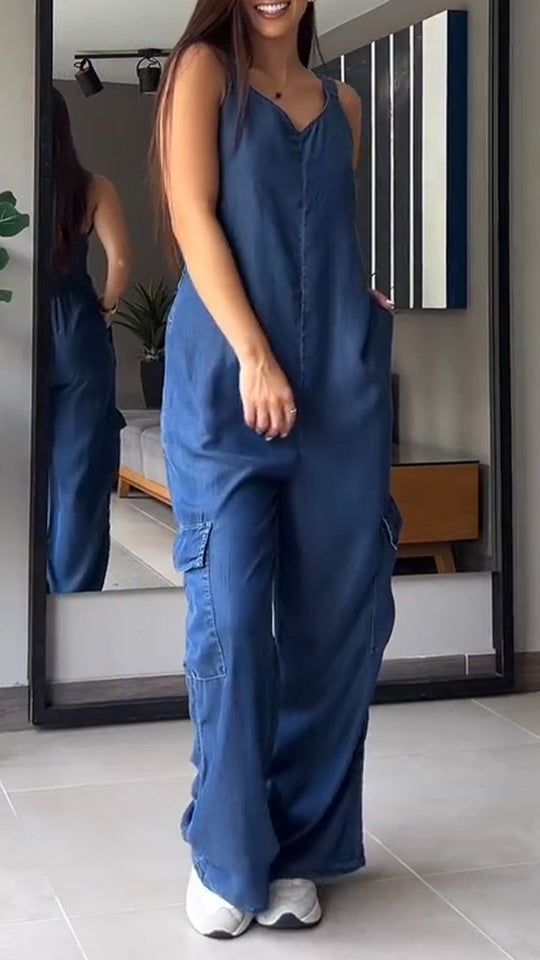Damen Jumpsuit Denim V-Ausschnitt Hochtailliert 3