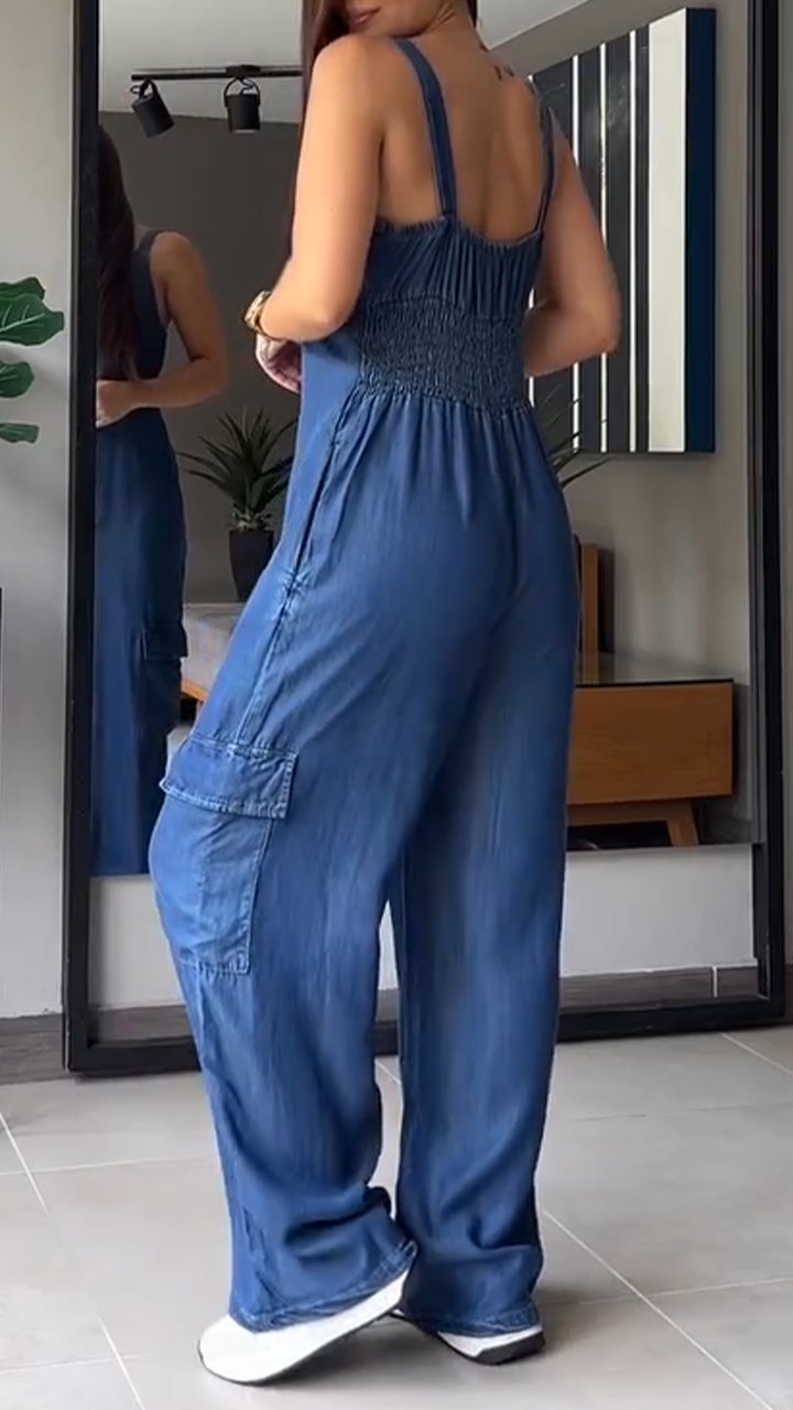 Damen Jumpsuit Denim V-Ausschnitt Hochtailliert 4