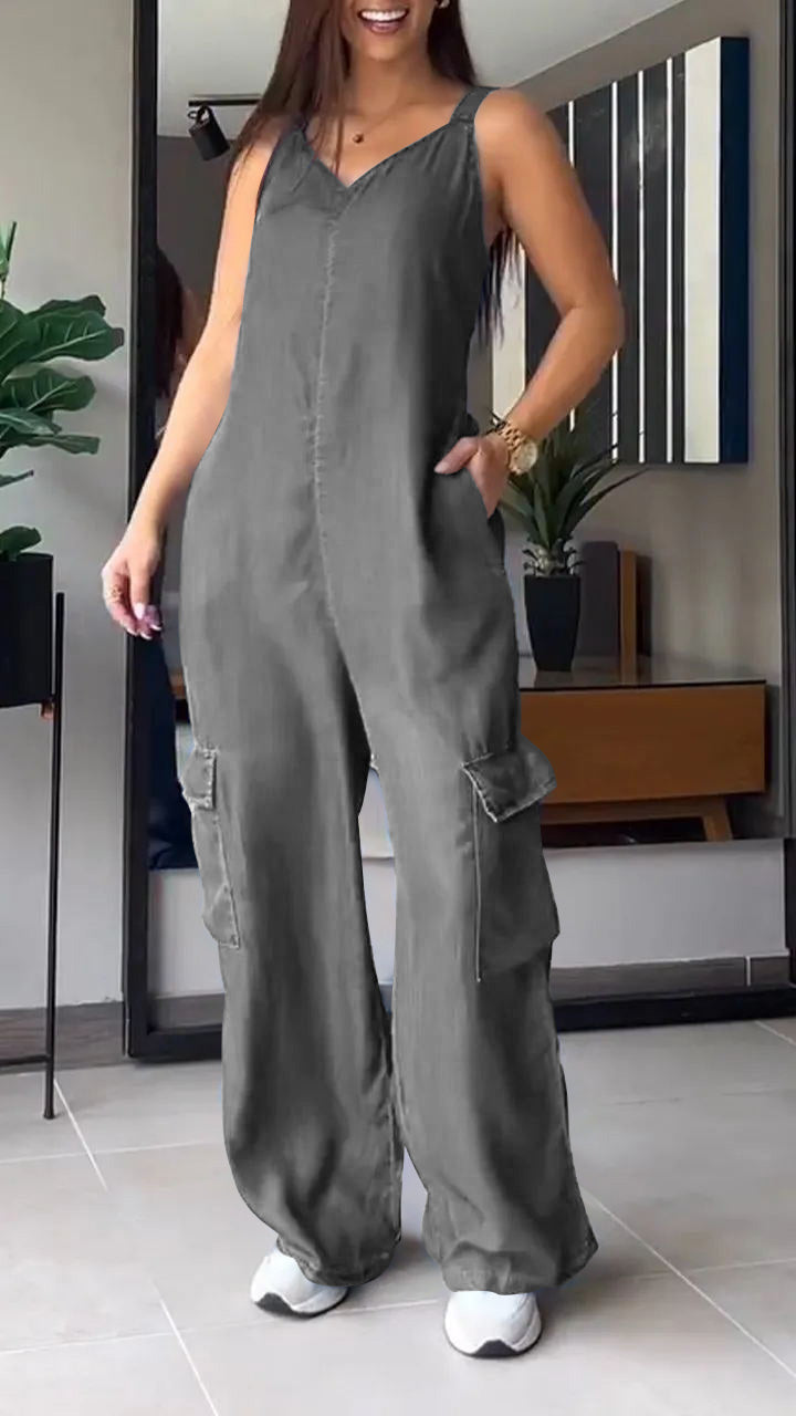 Damen Jumpsuit Denim V-Ausschnitt Hochtailliert 8
